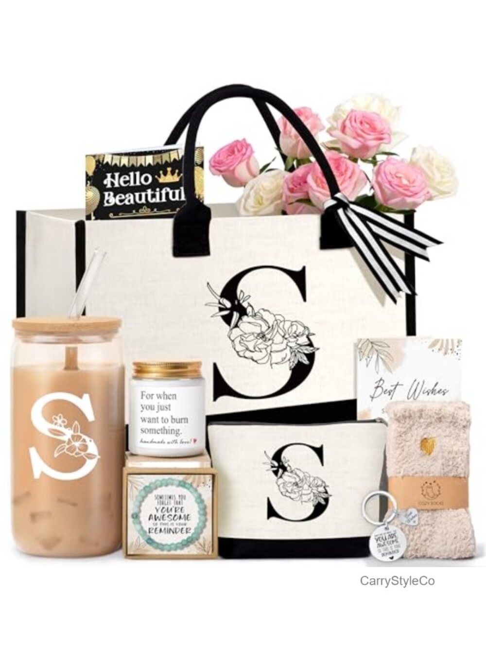 Personalized Monogram Tote Bag Cosmetic Bag Glass Cup Gift Set